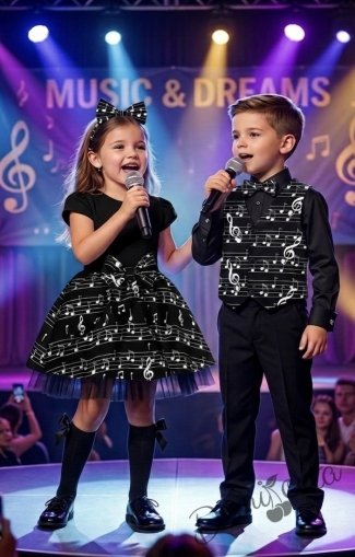 Комплект за момче от 3 части- панталон в черно, риза в черно с дълъг ръкав  и елек в черно с папийонка с ноти