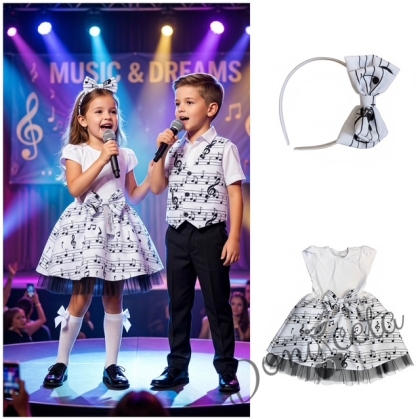 Комплект от 2 части-детска официална рокля с къс ръкав в бяло с бяла долна част с ноти с тюл в черно и диадема