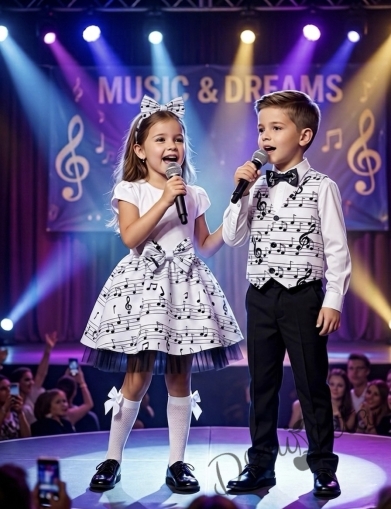 Детска рокля с къс ръкав в бяло с бяла долна част с ноти и тюл в черно