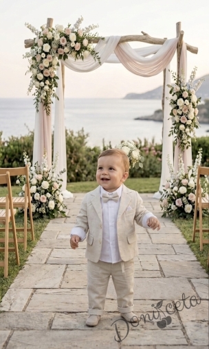 Бебешки летен костюм за момче от 4 части в светлобежово - сако, риза в бяло, панталон и папийонка в екрю