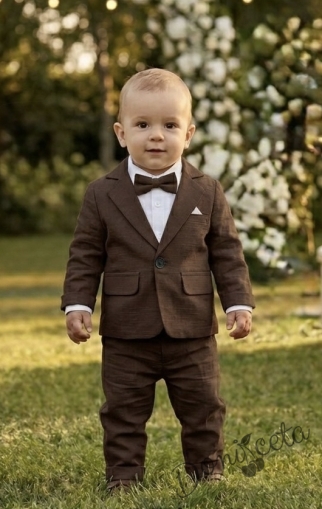 Елегантен официален косюм за момче в кафяво от 4 части - сако, панталон, риза в бяло и папийонка в кафяво