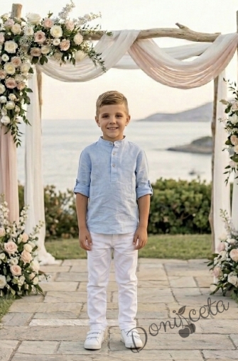 Детски комплект за момче от 2 части-риза с дълъг ръкав в бежово без яка и панталон в бяло