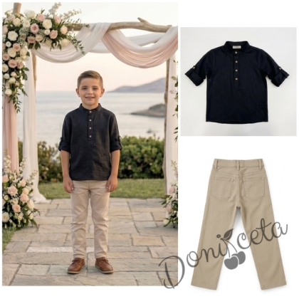 Детски комплект за момче от 2 части-риза с дълъг ръкав в черно  без яка с копчета в бежово и панталон в бежово