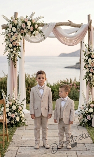 Детски костюм за момче от 5 части в бежово - елегантен панталон, риза, елек, сако и папийонка  от колекция Бежина