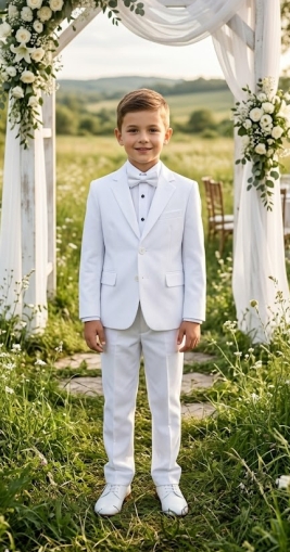 Официален детски костюм за момче от 4 части - сако в бяло, риза в бяло, панталон и папийонка в бяло