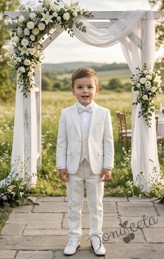 Официален детски костюм за момче от 5 части - сако с елек в екрю , риза в бяло, панталон и папийонка в екрю