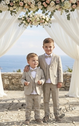 Официален гладък костюм за момче от 5 части  Алекс в бежово - риза в бяло със сако, елек, панталон и папийонка в бежово  от колекция Бежина