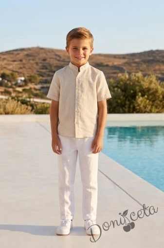  Детска официална ризка за момче с къс ръкав в бежово