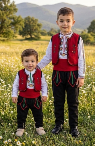 Стилизирана детска народна носия за момче от трико с фолклорни/етно мотиви