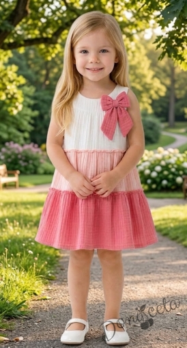 Детска ежедневна рокля без ръкави в бяло и розово от памучен муселин