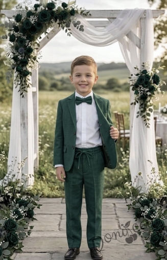 Спортно-елегантен костюм Тери за момче от 4 части в зелено- риза в бяло, сако с джобове, панталон  с връзки и папийонка  от колекция Зелениада