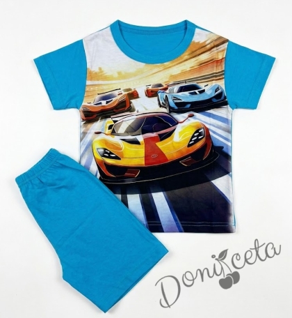 Детска пижама с къс ръкав за момче  в синьо с коли