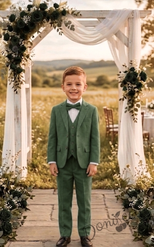 Официален детски елегантен костюм за момче от 5 части в зелено-сако, панталон, риза, елек с един ред копчета и папийонка от колекция Зелениада