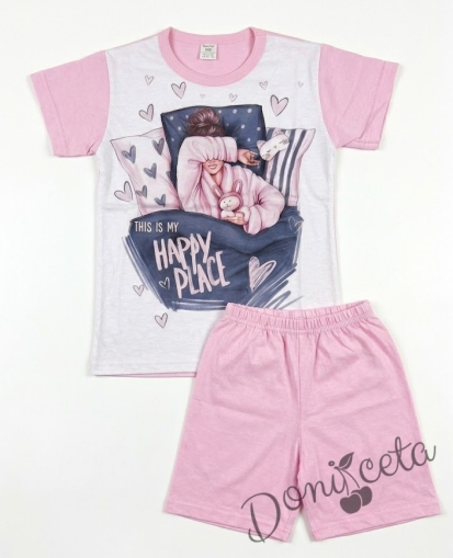 Детска пижама  с къс ръкав в розово за момиче 