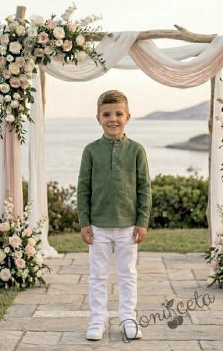 Детски комплект за момче от 2 части-риза с дълъг ръкав в бежово без яка и панталон в бяло