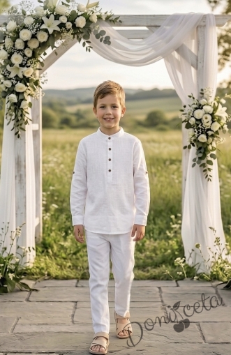 Детски комплект за момче от 2 части-риза с дълъг ръкав в бяло без яка и панталон в бяло