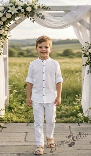 Детски комплект за момче от 2 части-риза с дълъг ръкав в бяло без яка с копчета до долу и панталон в бяло