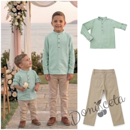 Детски комплект за момче от 2 части-риза с дълъг ръкав в тюркоаз без яка с копчета в бежово и панталон в бежово