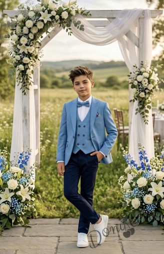 Официален детски костюм за момче от 5 части със сако в синьо и спортно-елегантен панталон в тъмносиньо