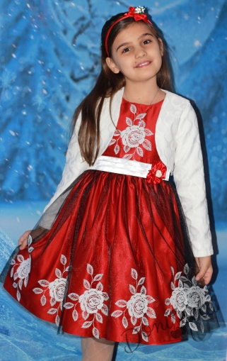 Детска рокля в червено с бели цветя и болеро