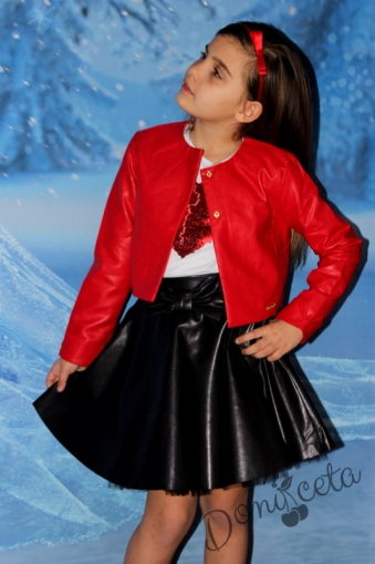 Детска кожена пола  в черно за момиче с панделка отпред