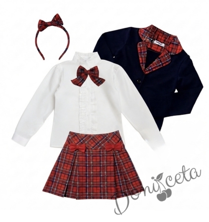 Комплект за момиче от 5 части - сако в тъмносиньо с каре, плисирана пола Вили в каре, риза с дълъг ръкав в бяло с къдрички, панделка в каре Карена и диадема