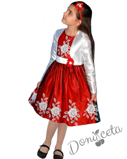 Детска рокля в червено с бели цветя и болеро