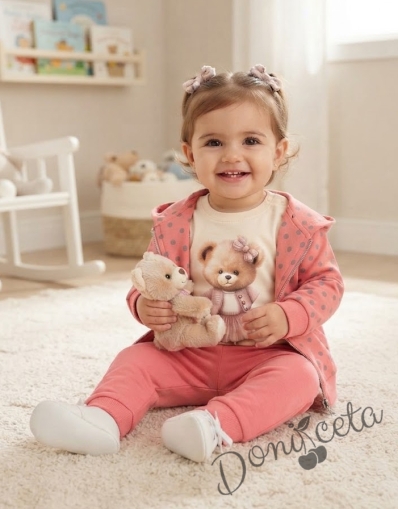 Детски комплект от 3 части  – блузка с дълъг ръкав , панталон в прасковено и горнище на кафеви точки