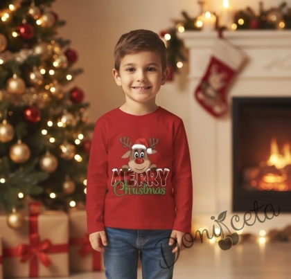 Детска коледна неватирана блуза в червено с елен и  надпис Merry Chrismas