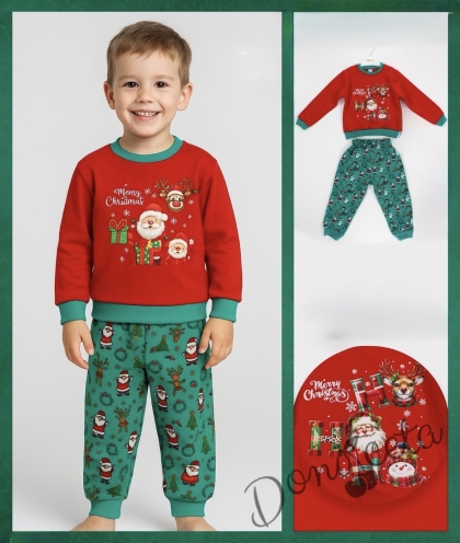 Детски / бебешки коледен комплект с коледни мотиви с блузка в червено и панталонки в зелено