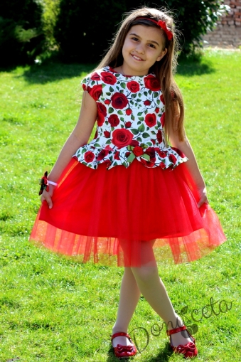 Официална детска рокля  Рали в бяло на рози с къс ръкав и тюл в червено