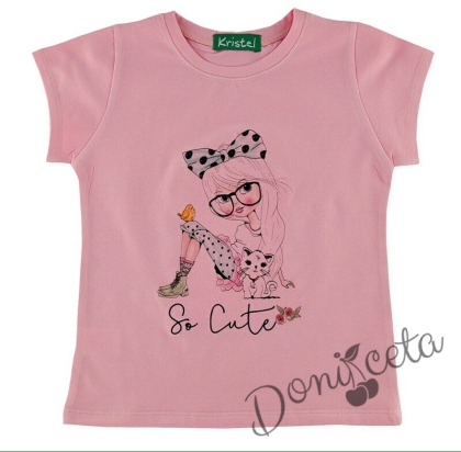 Детска или бебешка тениска/блуза с къс ръкав в розово с момиченце