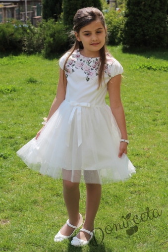 Официална детска рокля  Неа с тюл  в екрю с къс ръкав и цветя в горната част