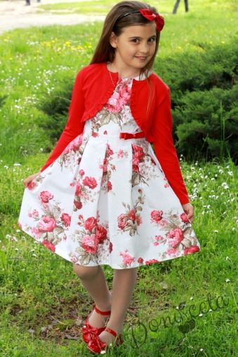 Детска рокля на рози в червено с болеро