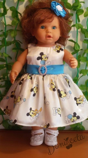  Официална детска/бебешка рокля в бяло с коланче в синьо с Мини/102Ж