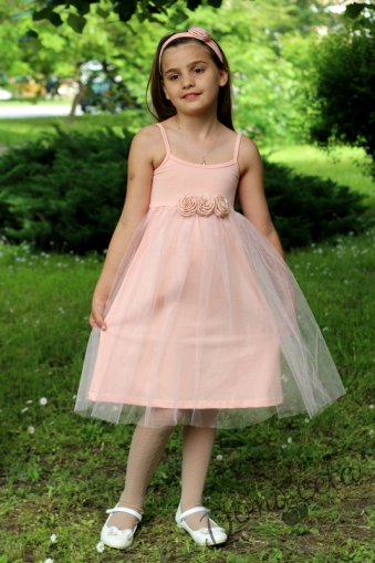 Лятна детска рокля в прасковено с презрамки и с тюл 1