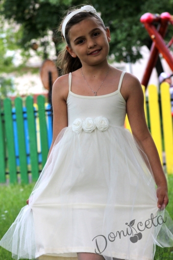Лятна детска рокля в екрю с тюл и тънки презрамки 3