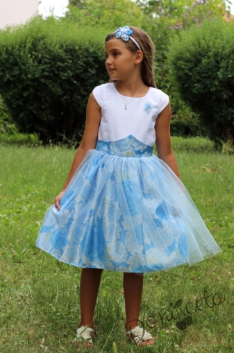Официална детска рокля в синьо и бяло
