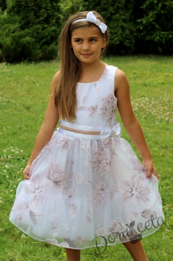 Официална детска рокля Радина в бяло с цветя  и тюл