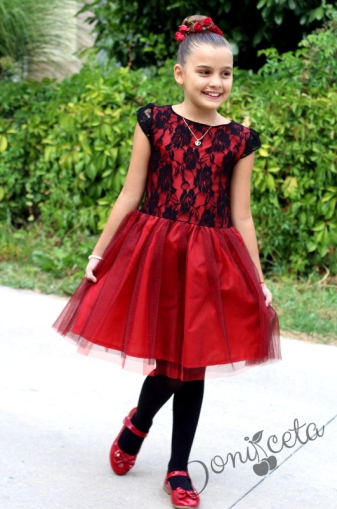 Official children's dress with lace in black and tulle in red