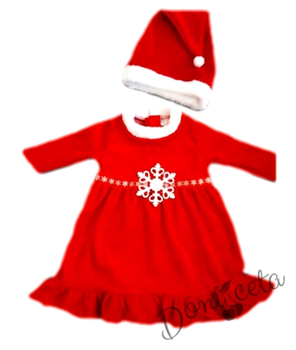 Коледна детска/бебешка плюшена рокля с шапка в червено