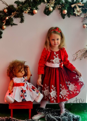 Детска рокля в червено с бели цветя и болеро в червено