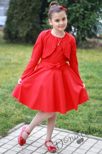 Официална детска рокля в червена дантела с болеро