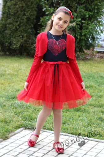 Официална детска рокля със сърце от розички и тюл и болеро в червено