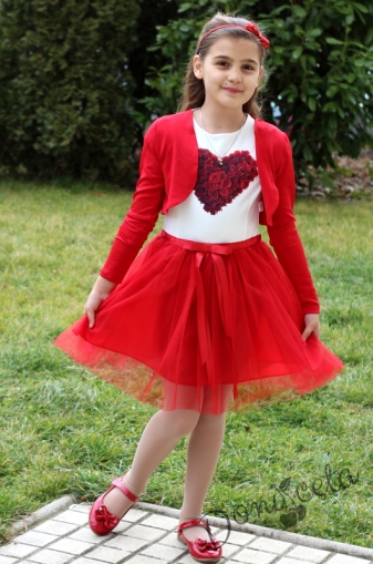 Официална детска рокля със сърце и тюл и болеро в червено
