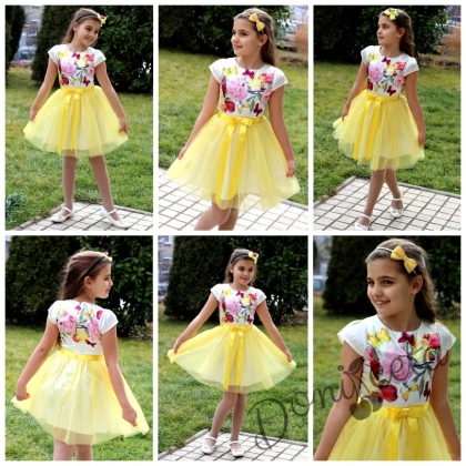 Официална детска рокля с тюл в жълто