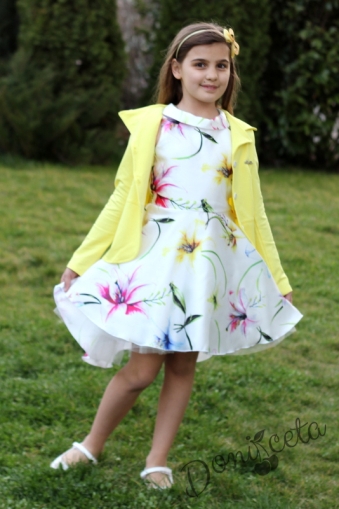 Комплект от официална детска рокля Аглая с пъстри цветя  и сако в жълто