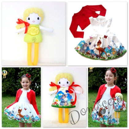 Комплект от рокля от неопрен с пролетен десен, болеро в червено и кукла