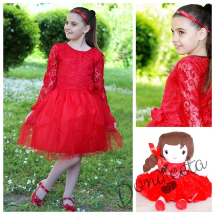 Комплект от официална детска рокля от дантела в червено с кукла