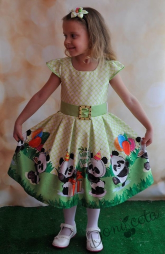 Официална детска рокля в зелено с панди